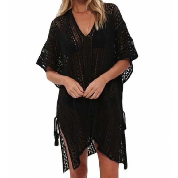 Black Crochet Knit Beach Swim Coverup Poncho Tunic - Picture 4 of 8
